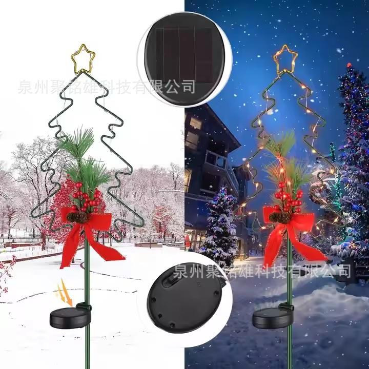 跨境太阳能圣诞树铁艺灯 LED金属圣诞节装饰地插灯户外花园景观灯