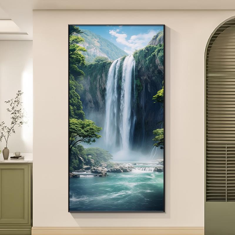 源远流长山水画进门入户玄关装饰画现代简约过道竖版高山流水挂画