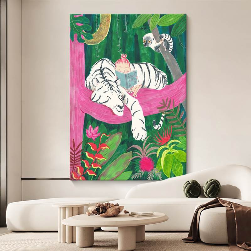 卡通艺术老虎手绘油画小众治愈系森林儿童房装饰壁画客厅丙烯挂画图片