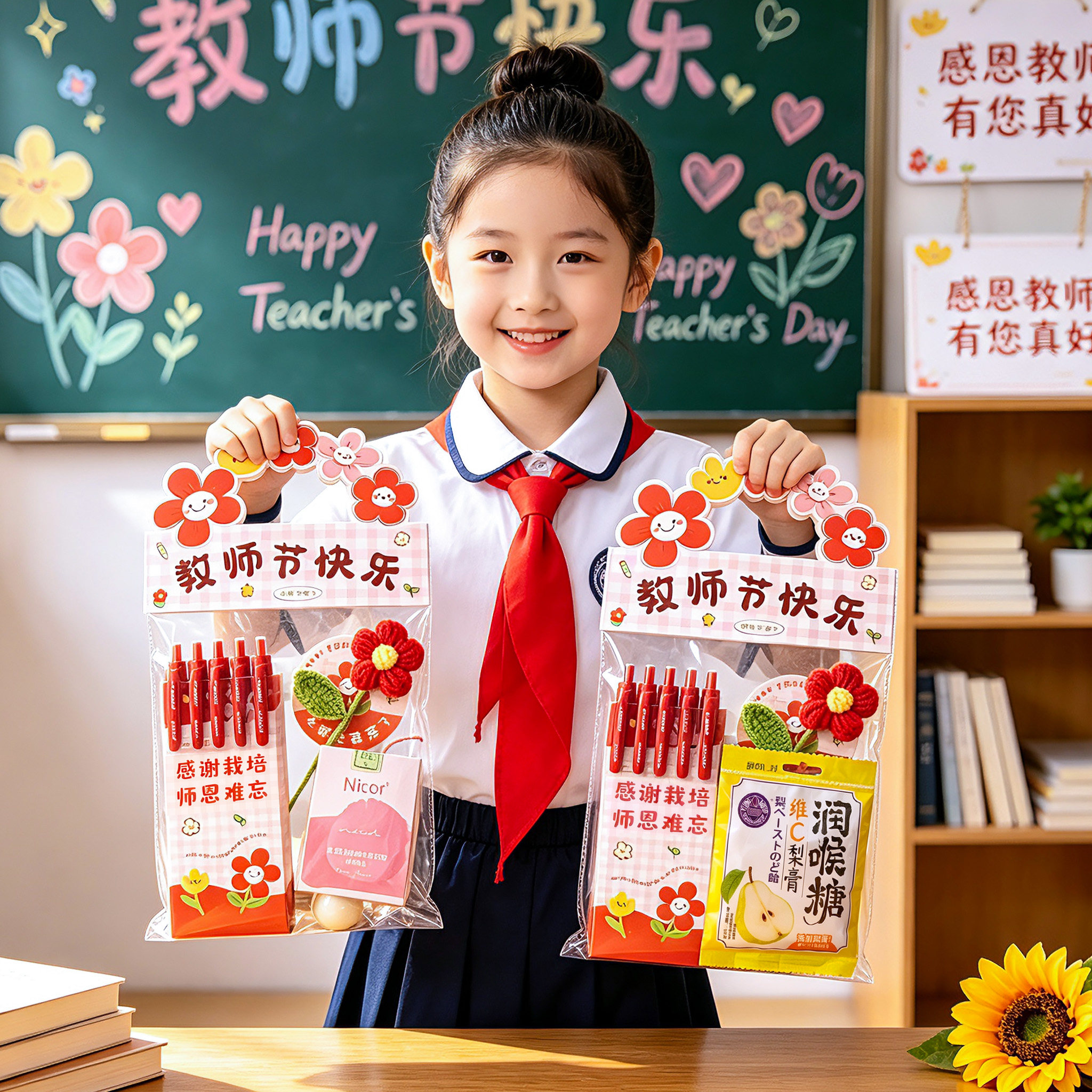 教师节礼物套装小学生幼儿园送老师红笔花朵礼物感谢礼品创意礼盒