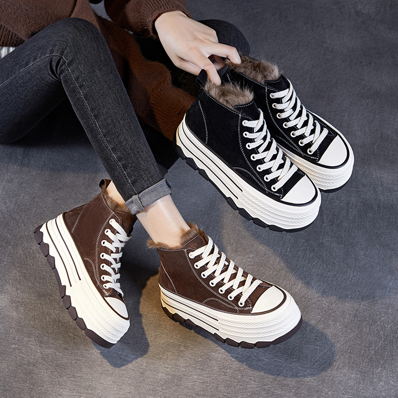 鞋子女小个子秋冬款高帮加绒时尚真皮老爹鞋厚底增高系带松糕板鞋