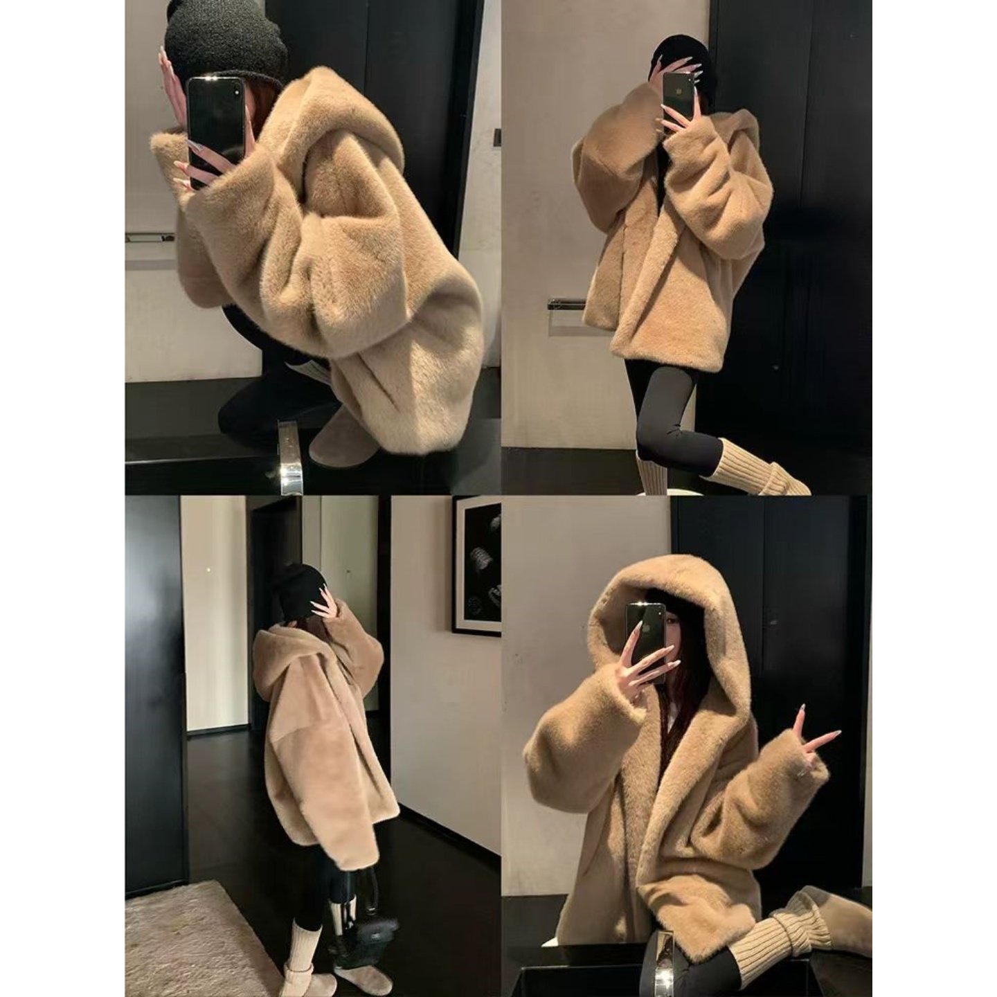 LVKFHOIUKRI 羊绒皮毛一体环保皮草连帽慵懒宽松毛绒大衣外套女