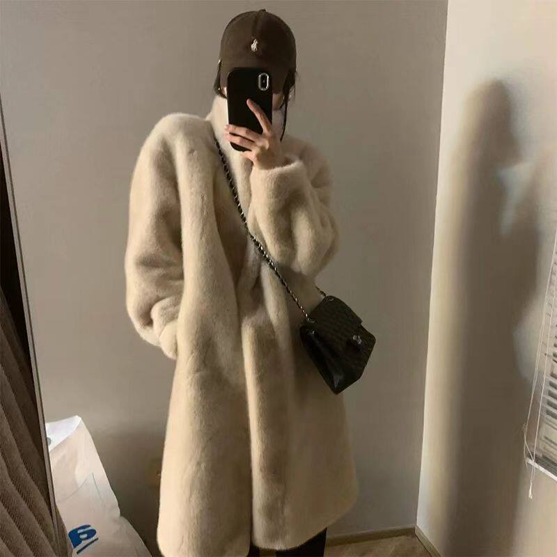 LVKFHOIUKRI 羊绒环保皮毛一体毛绒名媛加厚中长款绒毛大衣女