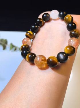 【张凌赫同款】天然虎眼石银耀石白幽灵黄塔晶红胶花水晶手串男士