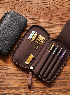 真皮文具钢笔收纳笔盒 荔枝纹头层牛皮大容量收纳笔袋