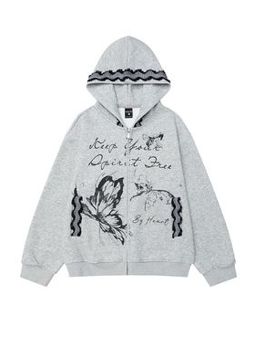 Fudge Pink 2025春季美式复古可爱宽松设计感连帽卫衣开衫