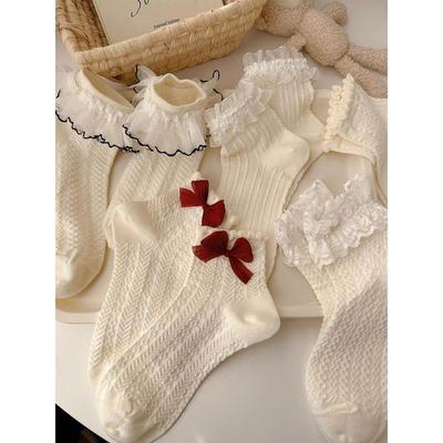 花边袜子女可爱罗莉塔日系jk蕾丝袜lolita纯棉奶白色蝴蝶结中筒袜
