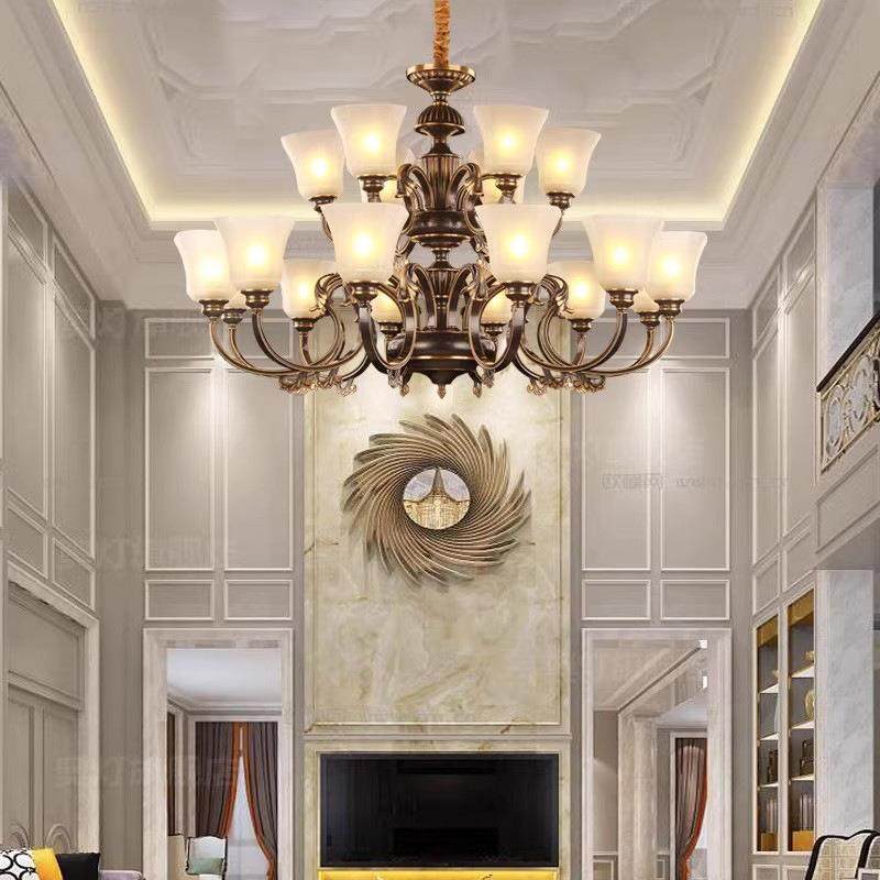 欧式全铜吊灯新古典复式楼大厅双层黑擦金色艺术别墅灯具