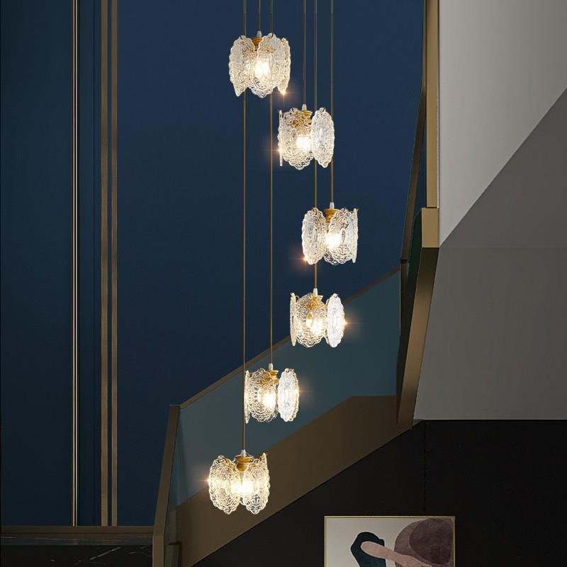 法式轻奢复式楼梯吊灯圆形旋转长吊灯简约后现代别墅复古客厅灯具