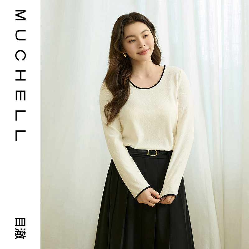 目澈MUCHELL【恶魔之吻】撞色不对称领长袖棉羊毛混纺女士T恤图片