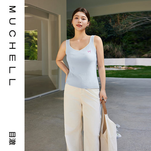 目澈MUCHELL【寄风信】蝴蝶结刺绣蓝色宽松休闲女款针织背心