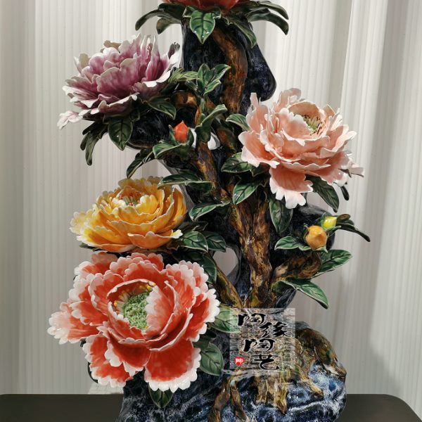 陶瓷工艺品 石湾公仔 花开富贵 牡丹花摆件