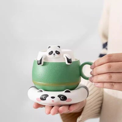 创意熊猫咖啡杯碟套装带勺子高档精致杯子女陶瓷高颜值马克杯礼物