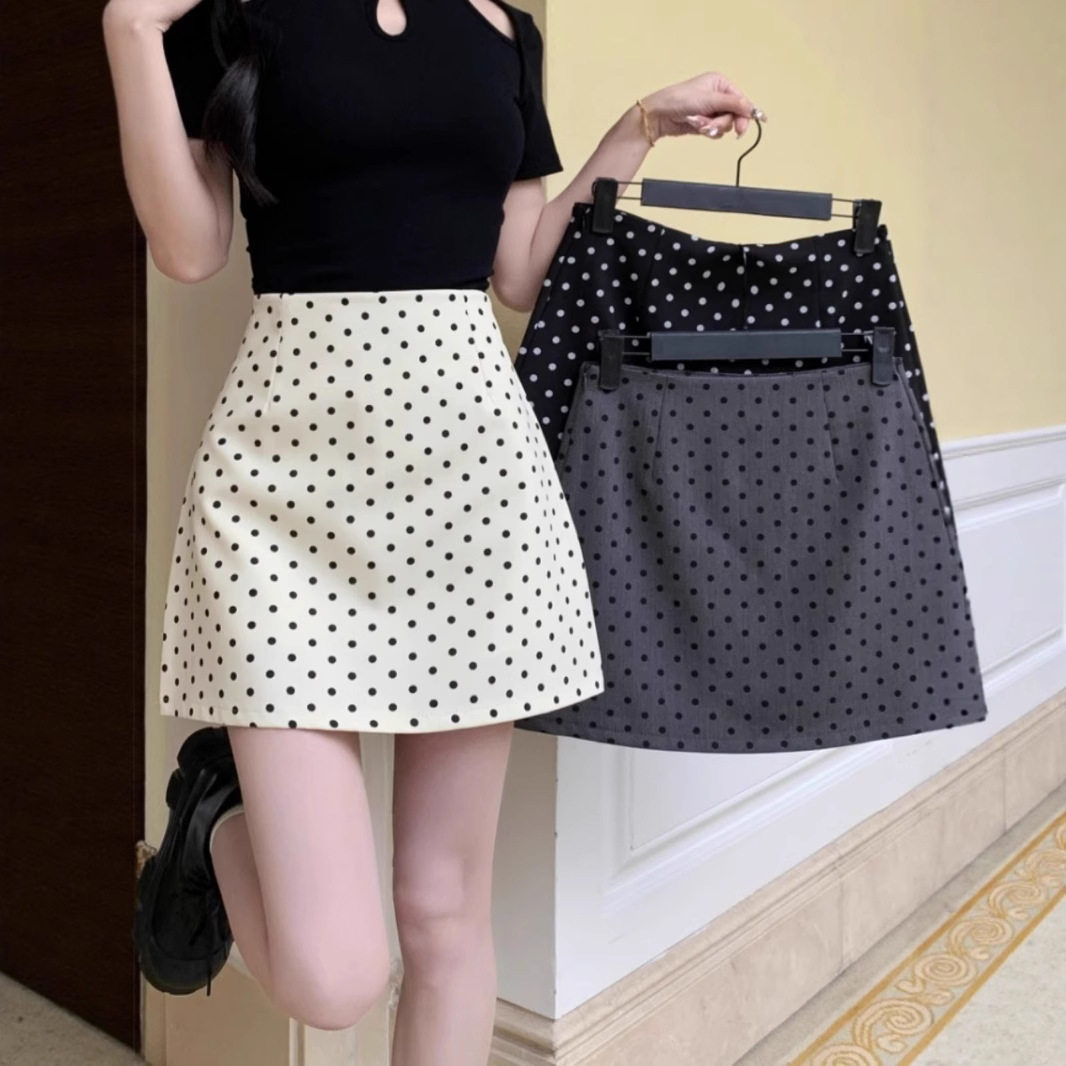 白色波点半身裙休闲百搭黑色裙子女装夏季辣妹高腰A字裙西装短裙