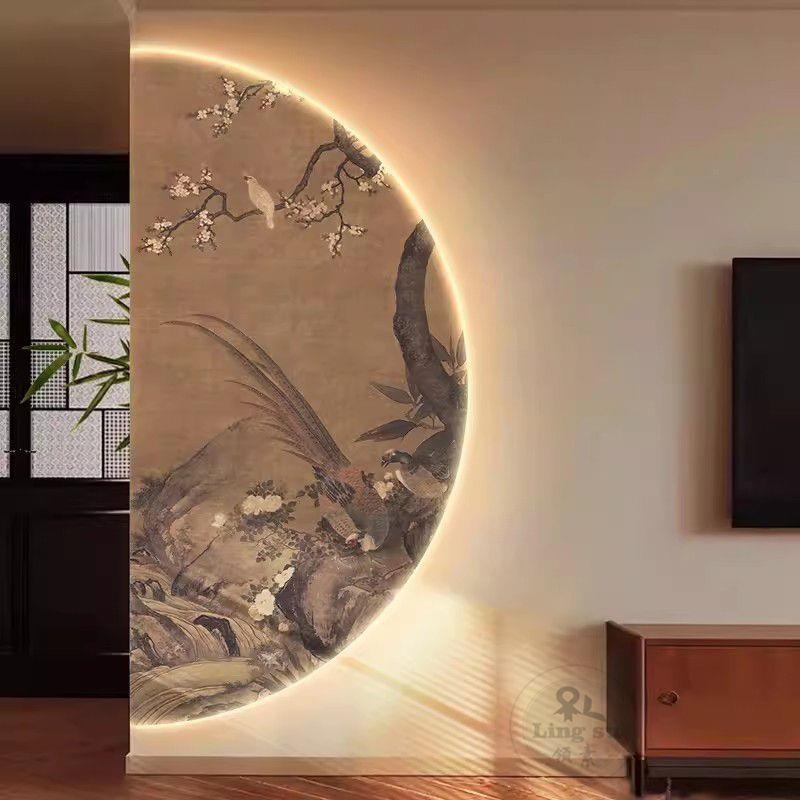 中古风花鸟玄关装饰画走廊过道挂画南洋复古半圆高级感氛围灯壁画