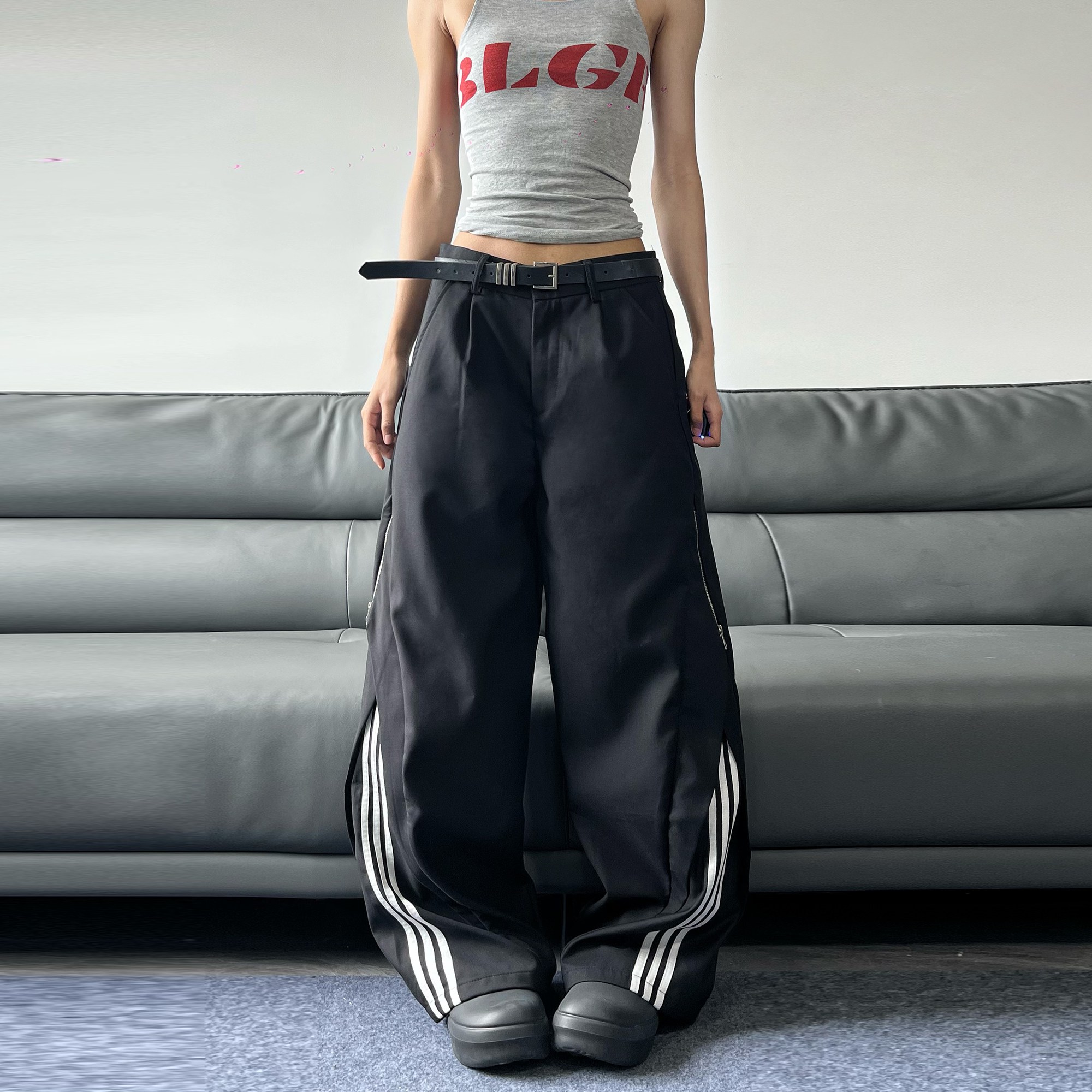 JADEQILIN美式复古三道杠条纹休闲裤男女宽松休闲侧拉链设计感裤