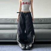 男女宽松休闲侧拉链设计感裤 JADEQILIN美式 复古三道杠条纹休闲裤