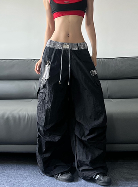 JADEQILIN格子拼接假两件休闲伞兵裤男女美式复古运动潮流工装裤