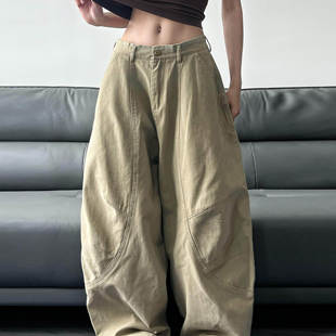 JADEQILIN美式高街慵懒松弛感裤子男美拉德棕色牛仔裤情侣弯刀裤