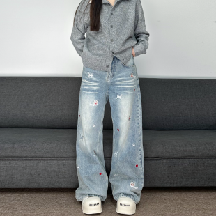 阔腿宽松牛仔裤 复古风刺绣小弯刀猫咪图案情侣同款 QILIN美式 JADE