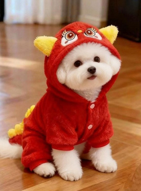 狗狗衣服秋冬款新年四脚衣保暖可爱卡通红色连帽泰迪比熊宠物服装