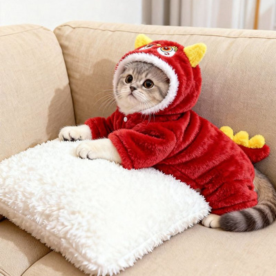猫咪衣服秋冬款新年红狮四脚衣防掉毛保暖可爱金渐层布偶宠物服装