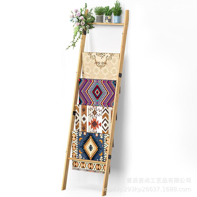 跨境木质毛巾收纳架木质梯子浴巾毛巾置物架多层靠墙毛毯衣帽架