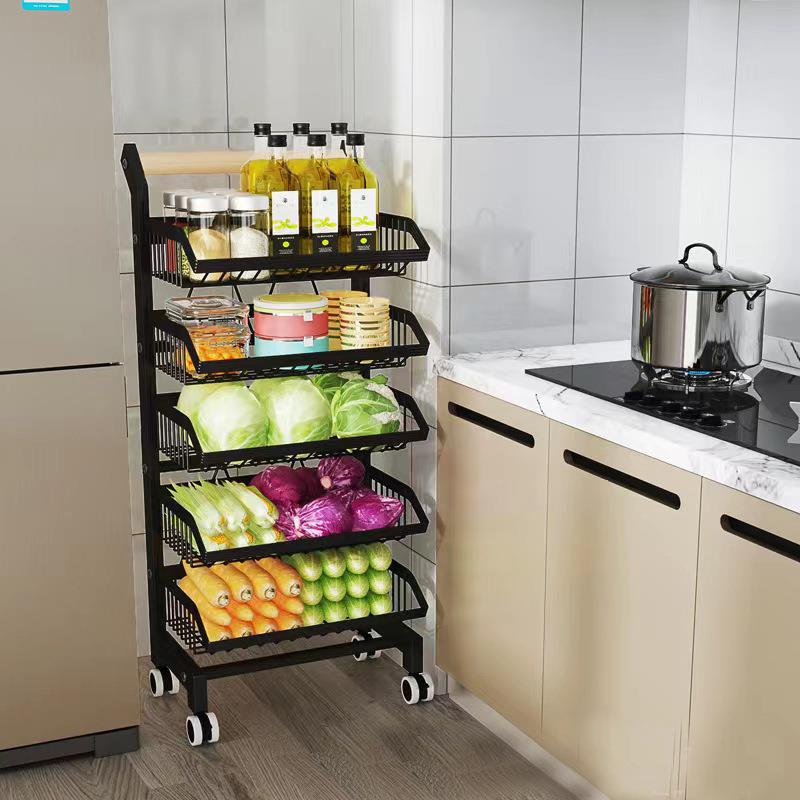 厨房蔬菜置物架落地带轮小推车调料杂物收纳篮可调节收纳整理架