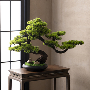 新中式仿真迎客松假树实木绿植盆景客厅玄关办公室桌面装饰品摆件