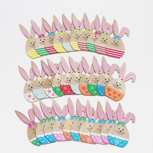 新品10Pcs Easter Bunny Wooden Pendant BanneNr Colorful Cute