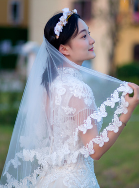 新品头纱新款新娘韩式头纱短款蕾丝D头纱婚纱礼服超长头纱结婚头
