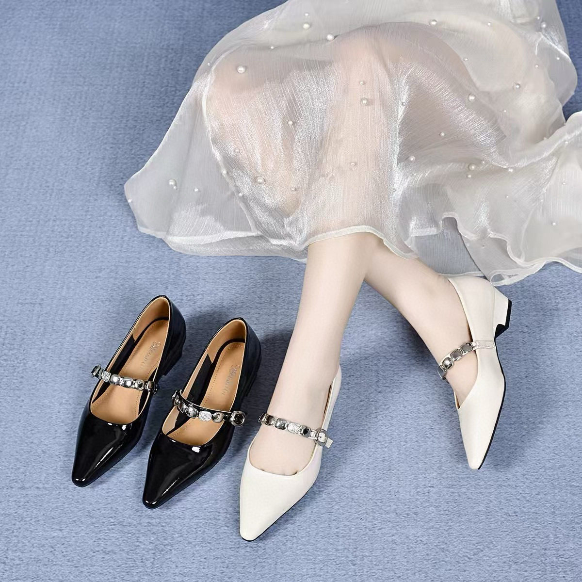 尖头玛丽珍鞋女2025春季新款一字扣水钻仙女鞋浅口简约气质平底鞋,女鞋,乐福鞋（豆豆鞋）,淘宝优惠券,粉丝福利购,淘宝优惠卷