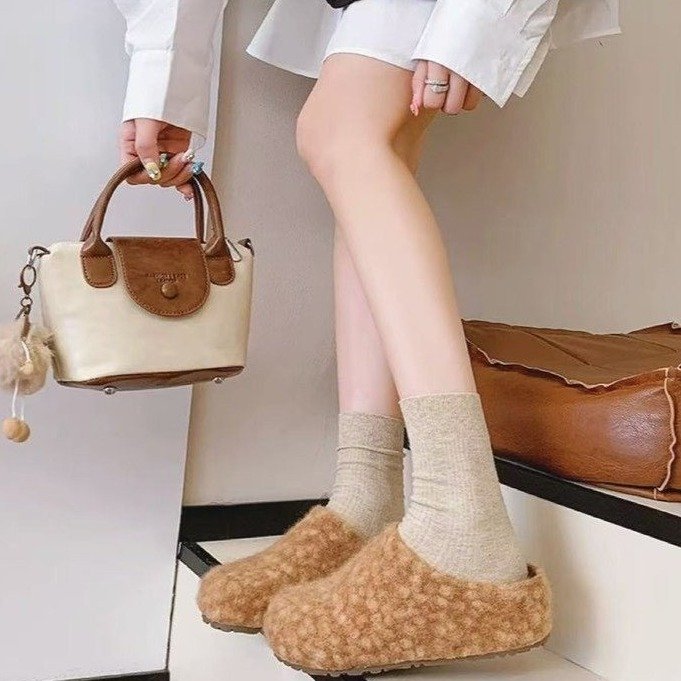 复古毛毡勃肯鞋包头半拖鞋女外穿2025冬季新款感厚底博肯拖鞋