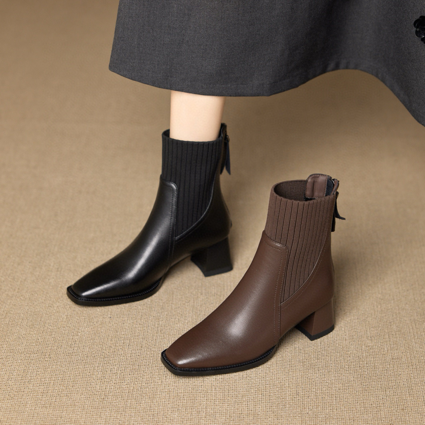 方头切尔西靴女2025秋冬新款毛线筒粗跟后拉链皮靴小众个性时装靴,女鞋,切尔西靴,淘宝优惠券,粉丝福利购,淘宝优惠卷