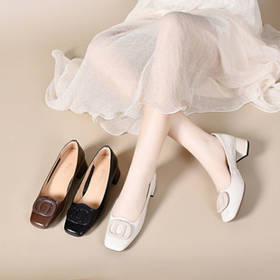 2025春季女鞋浅口简约方头套脚高跟鞋粗跟中跟圆扣女单鞋女工作鞋