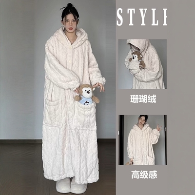 法式珊瑚绒睡衣女冬睡袍家居睡裙