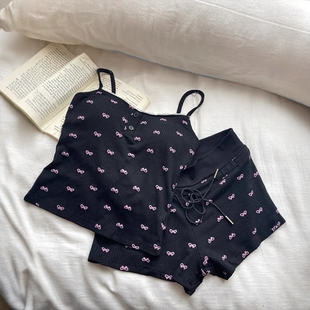 纯欲bm小吊带睡衣女夏季新款蝴蝶结印花带胸垫背心短裤家居服套装