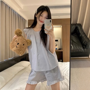 清新夏天全棉家居服套装 纯棉麻睡衣女夏季 短裤 条纹飞飞袖 背心无袖