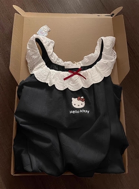 Sin Glee 白色圆领花边拼接黑色吊带睡裙女夏季软萌kitty猫居家裙