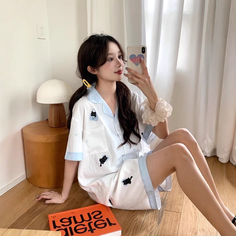 馨帮帮Homedress 撞色边卡通猫咪睡衣女2025新款可外穿家居服套装,女士内衣/男士内衣/家居服,睡衣/家居服套装,淘宝优惠券,粉丝福利购,淘宝优惠卷