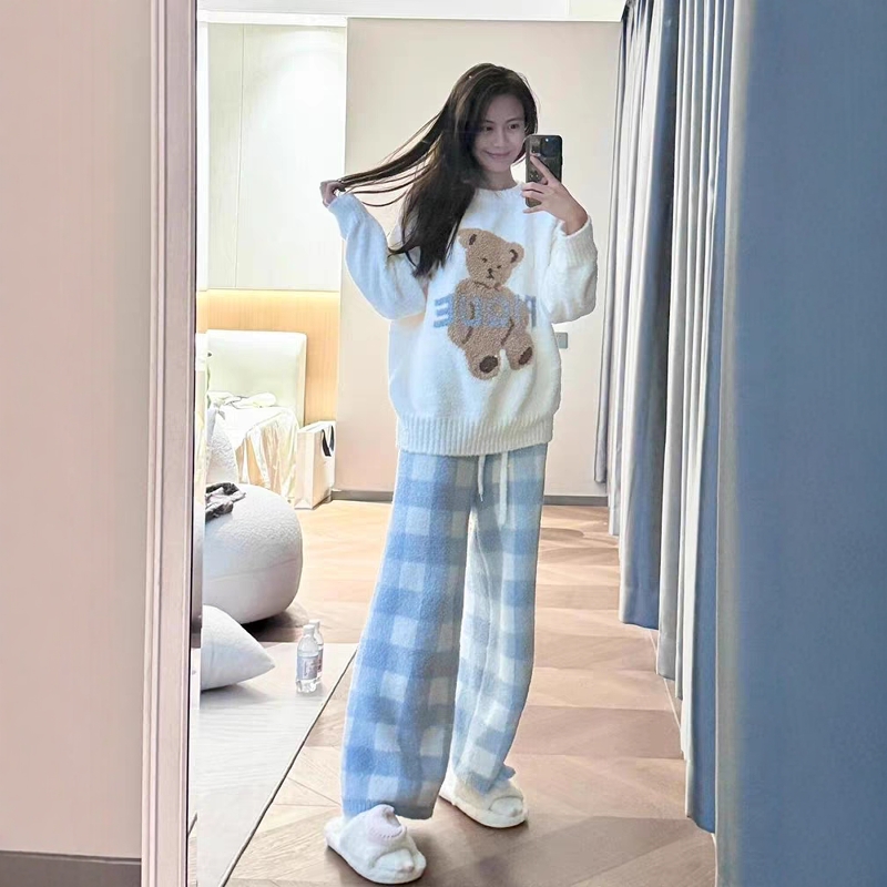 2025小熊半边绒睡衣女春秋冬季
