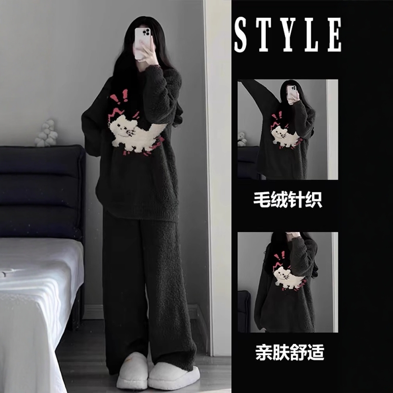 ins风高级感半边绒睡衣女冬小猫