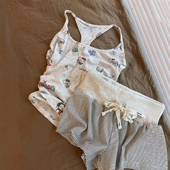 显瘦条纹短裤 Sin 两件套 kitty猫吊带背心睡衣女夏季 修身 Glee 美式