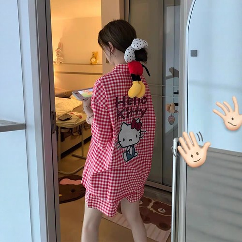 2025格子KT猫睡衣女夏云朵棉甜美
