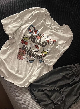 Sin Glee 可爱少女kitty猫带胸垫纯棉短袖睡衣女夏季大码短裤套装