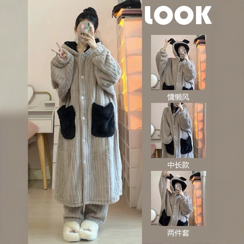 冬天加厚连帽珊瑚绒睡衣女冬季新款毛绒居家服睡袍长裤套装可外穿