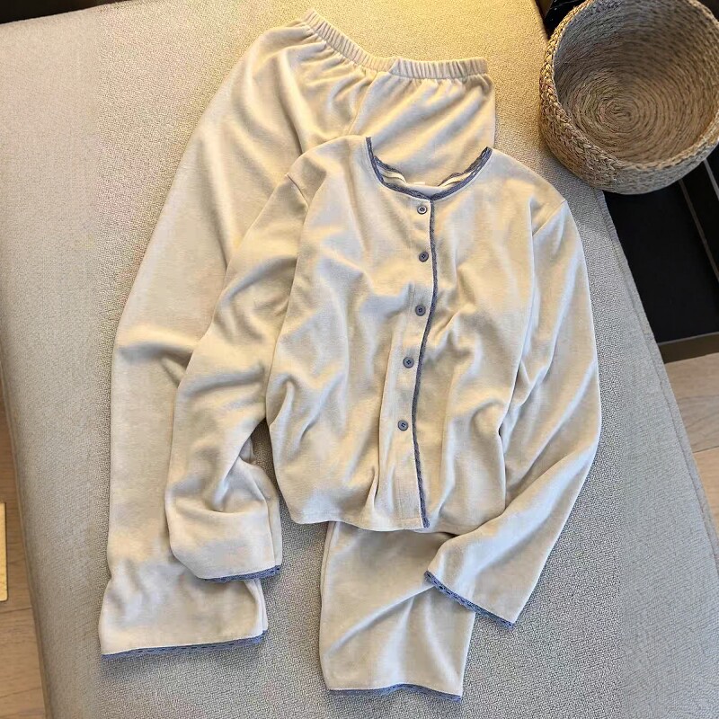 韩版简约撞色德绒长袖睡衣女2025秋冬新款双面磨毛保暖家居服套装,女士内衣/男士内衣/家居服,睡衣/家居服套装,淘宝优惠券,粉丝福利购,淘宝优惠卷
