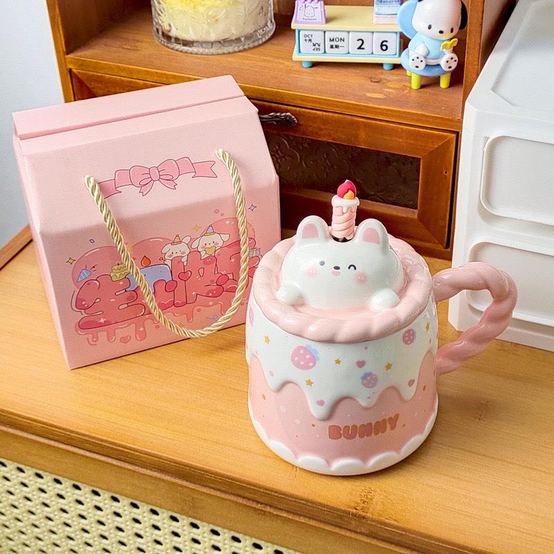 可爱生日蛋糕马克杯带盖勺卡通动物陶瓷咖啡杯子高颜值办公室水杯