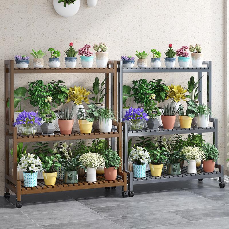 可调节梯形花架落地阳台可移动户外带轮阶梯多肉花架楠竹一件起批