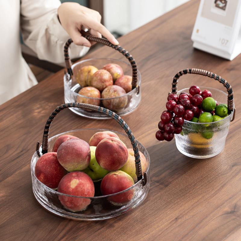 提藤玻璃果盘 创意北欧家用客厅茶几干果零食水果盘冰桶茶点盘